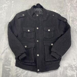 Karl Kani Gold Bomber Jacket Boys Large Black Wool‎ Blend Utility Snap Button